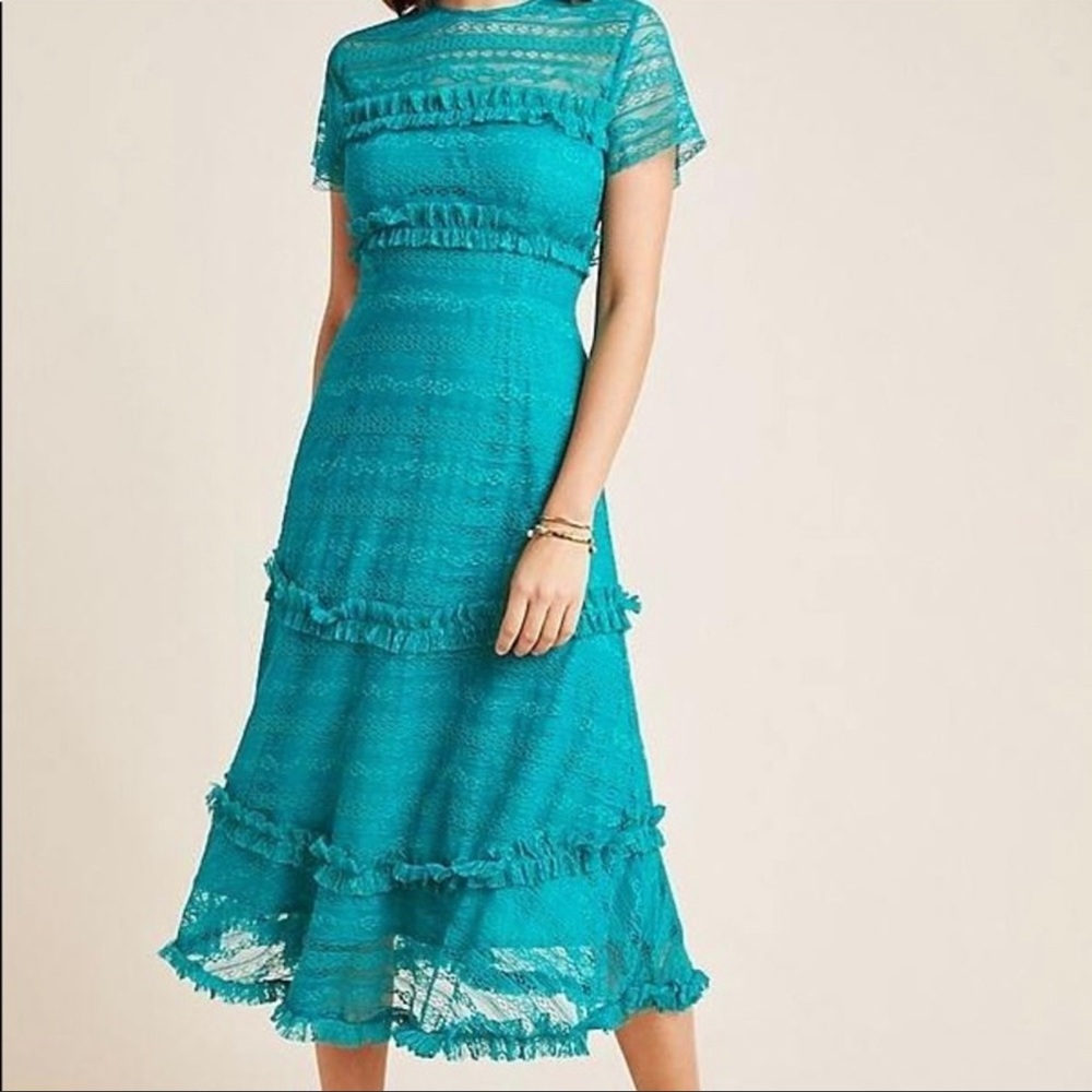 STUNNING Anthropologie Vone Dashing Lace Midi Dress Green Easter Spring Sz 12